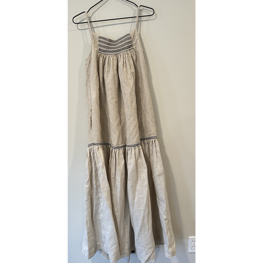 Linen-Blend Beige Maxi Dress with Embroidered Accents